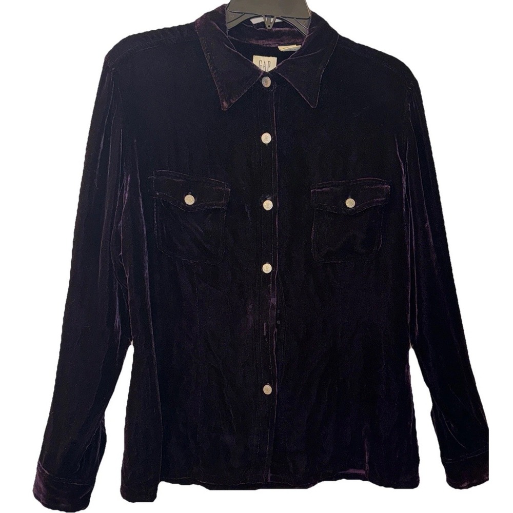 Gap Velvet Velour Whimsy Goth Shirt Pockets Purple Women's Sz M Missing 1 Button